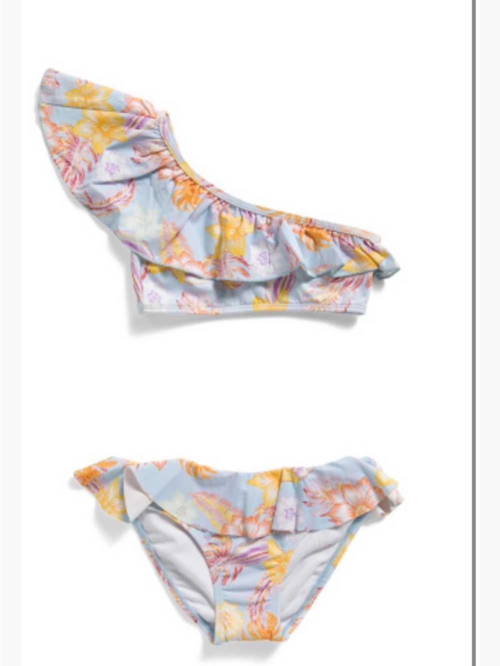 Snapper Rock One-Shoulder Floral Ruffle Bikini - Light Blue, Yellow & Pink
